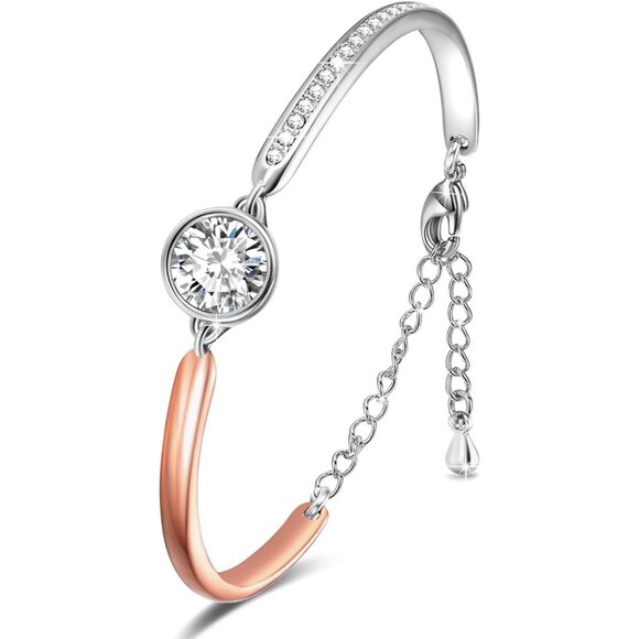 🆕Women's Rose Gold 18K Plated Adjustable Charm Bracelet with Cubic Zirconia - Picture 1 of 7